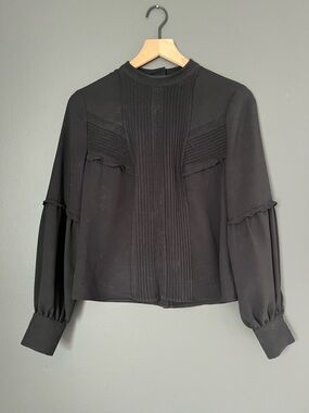 Alexis Black Pleated Long Sleeve Blouse XS High Neck